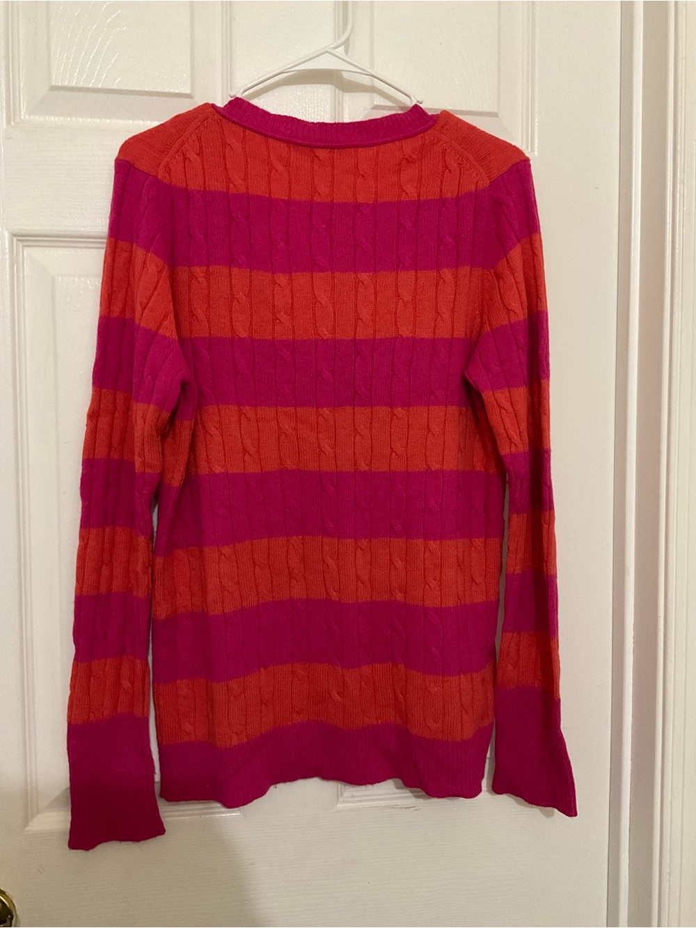 LOFT Women's V-Neck Striped Sweater in Fuchsia and Coral - Picture 3 of 4